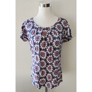Boden red blue pleat neckline floral top